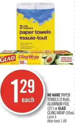 Shoppers Drug Mart No name paper towels, aluminum foil or glad cling wrap offer