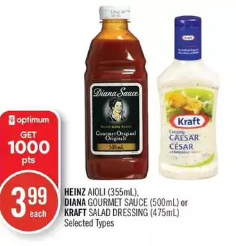 Shoppers Drug Mart Heinz aioli, diana gourmet sauce or kraft salad dressing offer