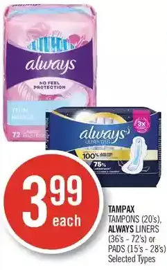 Shoppers Drug Mart Tampax tampons, always liners or pads offer