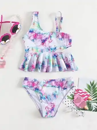 SheIn Toddler girls marble print asymmetrical neck cut out peplum bikini swimsuit offer