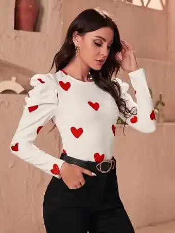 SheIn Shein puff sleeve allover heart print tee offer