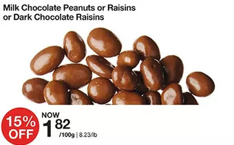 Bulk Barn Milk chocolate peanuts or raisins or dark chocolate raisins offer