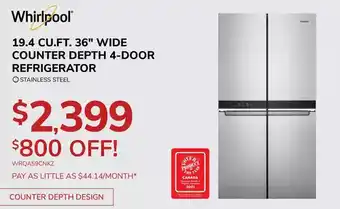 Goemans Appliances Whirlpool 19.4 cu.ft. 36" wide counter depth 4-door refrigerator offer