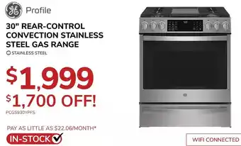 Goemans Appliances Ge profile 30" rear-control convection stainless steel gas range offer
