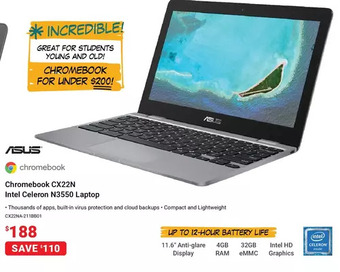 Visions Electronics Asus chromebook cx22n intel celeron n3550 laptop offer