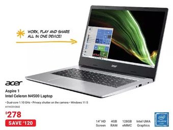 Visions Electronics Acer aspire 1 intel celeron n4500 laptop offer