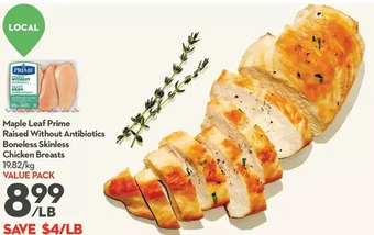 Longo's Maple leaf prime raised without antibiotics boneless skinless chicken breasts offer