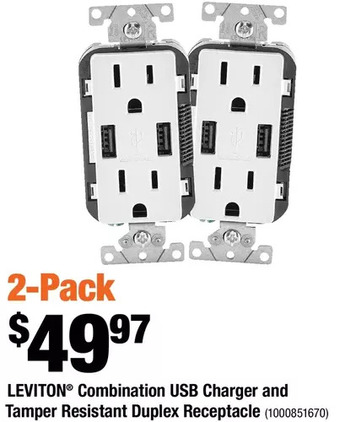 Home Depot Leviton combination usb charger and tamper resistant duplex receptacle offer
