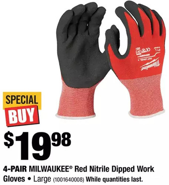 Home Depot 4-pair milwaukee red nitrile dipped work gloves offer