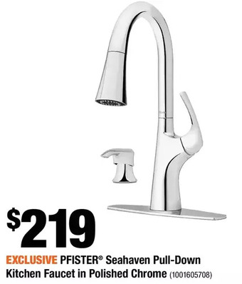 Home Depot Pfister seahaven pull-down kitchen faucet in polished chrome offer