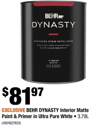 Home Depot Behr dynasty interior matte paint & primer in ultra pure white offer