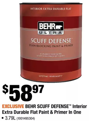 Home Depot Behr scuff defense interior extra durable flat paint & primer in one offer