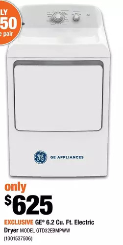 Home Depot Ge 6.2 cu. ft. electric dryer offer