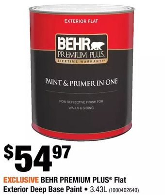 Home Depot Behr premium plus flat exterior deep base paint offer
