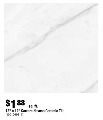 Home Depot 12" x 12" carrara nevoso ceramic tile offer