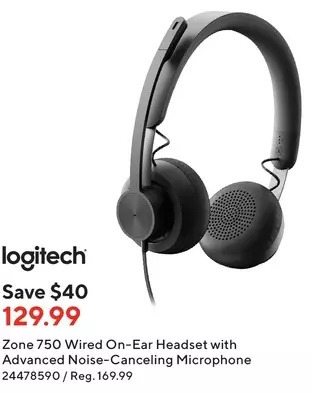 Staples Logitech zone 750 wired on-ear headset with advanced noise-canceling microphone offer