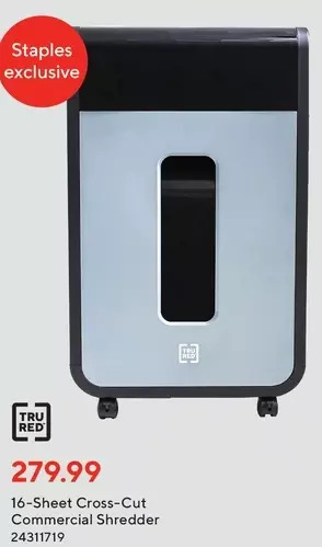 Staples Tru red 16-sheet cross-cut commercial shredder offer