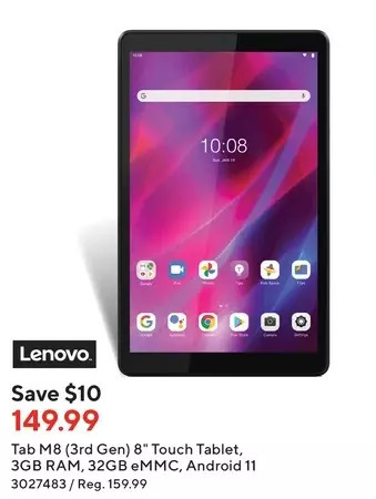Staples Lenovo tab m8 (3rd gen) 8" touch tablet, 3gb ram, 32gb emmc, android 11 offer