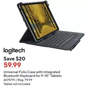 Staples Logitech universal folio case with integrated bluetooth keyboard for 9-10" tablets offer