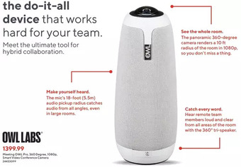 Staples Owl labs meeting owl pro, 360 degree, 1080p, smart video conference camera offer