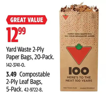 Canadian Tire Yard waste 2-ply paper bags, 20-pack | compostable 2-ply leaf bags, 5-pack offer
