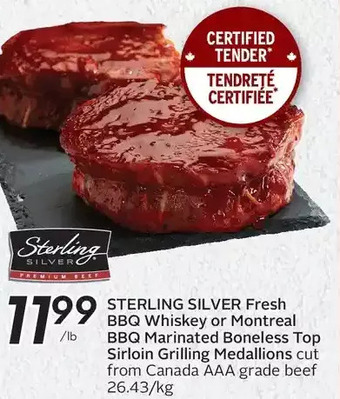 Sobeys Sterling silver fresh bbq whiskey or montreal bbq marinated boneless top sirloin grilling medallions offer