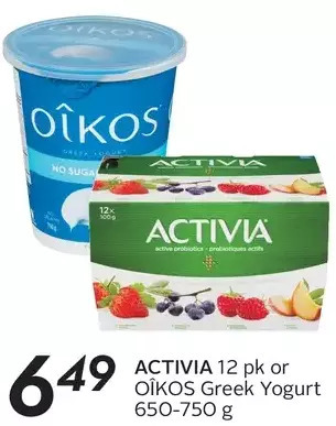 Sobeys Activia or oikos greek yogurt offer
