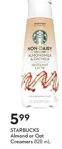 Sobeys Starbucks almond or oat creamers offer