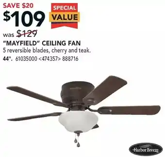 RONA Harbor breeze "mayfield" ceiling fan 44" offer