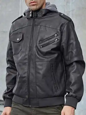 SheIn Men zipper pocket hooded pu leather jacket offer