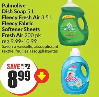 FreshCo Palmolive dish soap, fleecy fresh air, fleecy fabric softener sheets fresh air offer