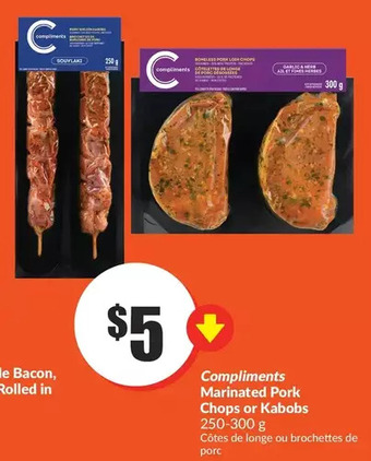 FreshCo Compliments marinated pork chops or kabobs offer