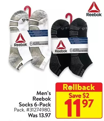Walmart Men's reebok socks 6-pack offer