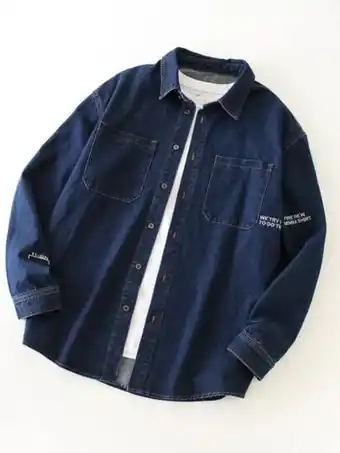 SheIn Men slogan embroidery dual pocket denim shirt without tee offer
