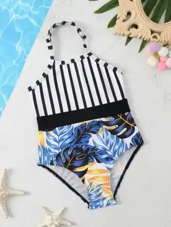 SheIn Toddler girls striped & random tropical print halter one piece swimsuit offer