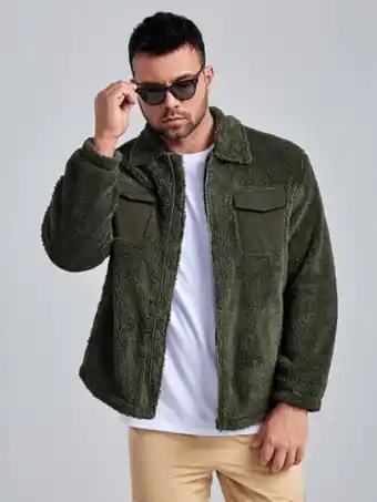 SheIn Extended sizes men flap pocket teddy jacket offer