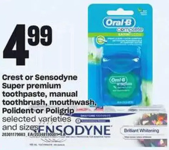 Loblaws Crest or sensodyne super premium toothpaste, manual toothbrush, mouthwash, polident or poligrip offer