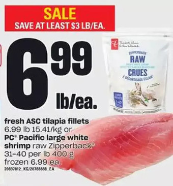 Loblaws Fresh asc tilapia fillets or pc pacific large white shrimp offer