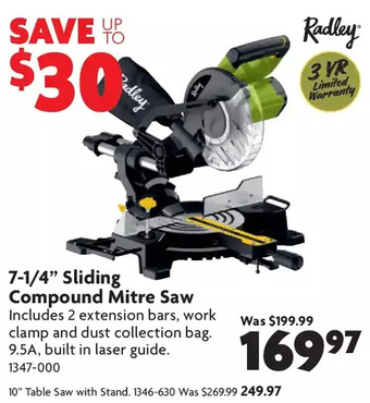 Home Hardware 7-1/4" sliding compound mitre saw | 10" table saw with stand offer