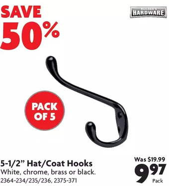 Home Hardware 5-1/2" hat/coat hooks offer
