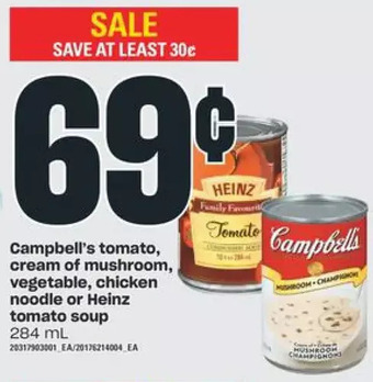 Independent Grocer Campbell's tomato, cream of mushroom, vegetable, chicken noodle or heinz tomato soup offer
