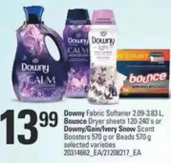 Independent Grocer Downy fabric softener, bounce dryer sheets or downy/gain/ivory snow scent boosters or beads offer