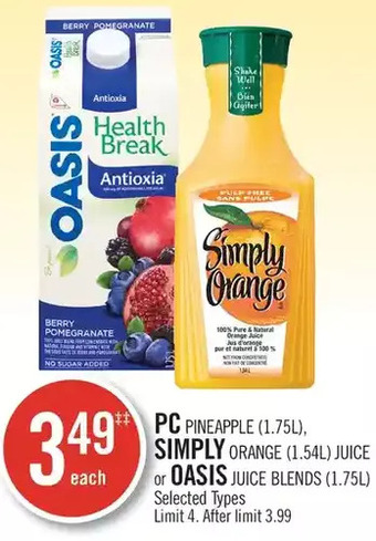 Shoppers Drug Mart Pc pineapple, simply orange juice or oasis juice blends offer