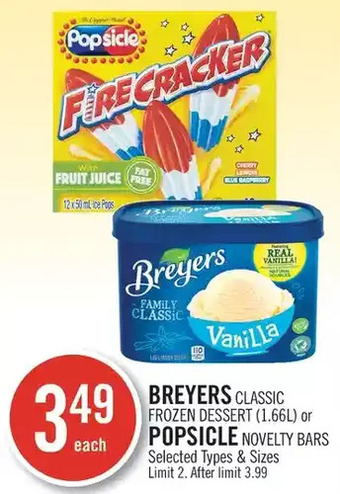 Shoppers Drug Mart Breyers classic frozen dessert or popsicle novelty bars offer
