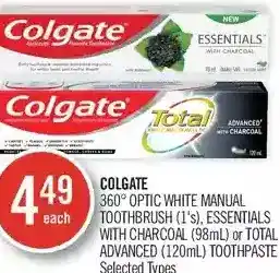 Shoppers Drug Mart Colgate 360° optic white manual toothbrush, essentials with charcoal or total advanced toothpaste offer