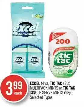 Shoppers Drug Mart Excel, tic tac multipack mints or tic tac single serve mints offer
