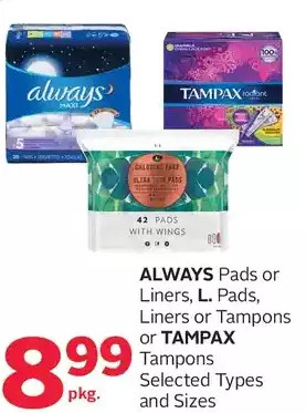 Rexall Always pads or liners, l. pads, liners or tampons or tampax tampons offer