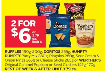Rexall Ruffles, doritos, humpty dumpty party mix, ringolos, sour cream & onion rings or cheese sticks or werther's original caramel offer