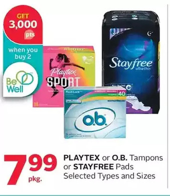 Rexall Playtex or o.b. tampons or stayfree pads offer