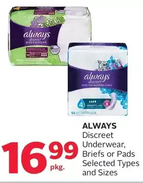 Rexall Always discreet underwear, briefs or pads offer
